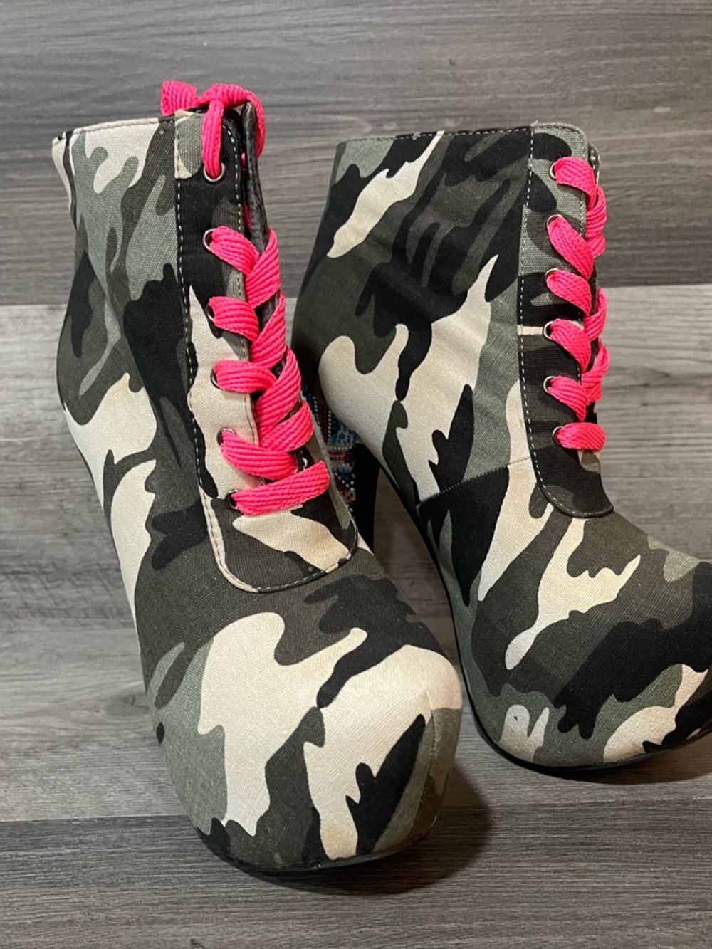 Camo Platform Ankle Boots Women Lace Up Stiletto Rhinestone Heels Pink Laces